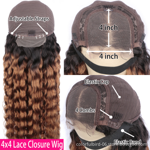 1b30 curly Ombre lace front Human virgin Hair Wig malaysian hair water wave closure 4*4 Ombre hd lace Closure Wig